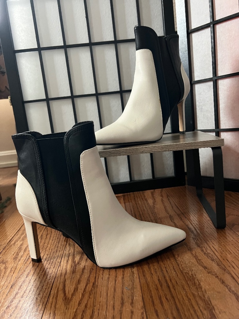White with black ankle boots